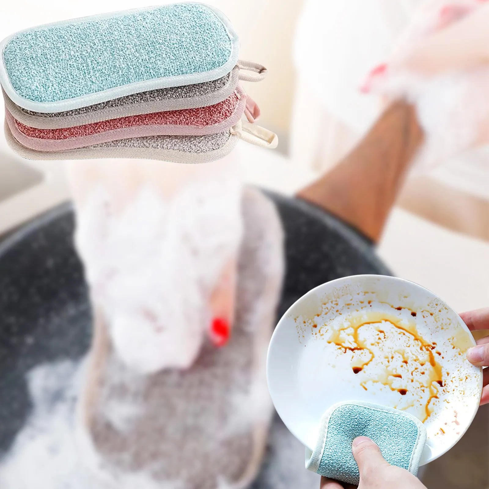 Reusable Double-Sided Microfiber Dishwashing Sponge