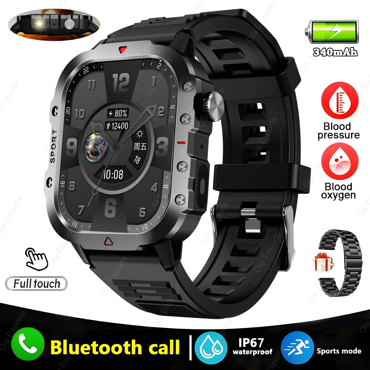 Military GPS Smartwatch – Huawei/Xiaomi Compatible with Flashlight & Compass