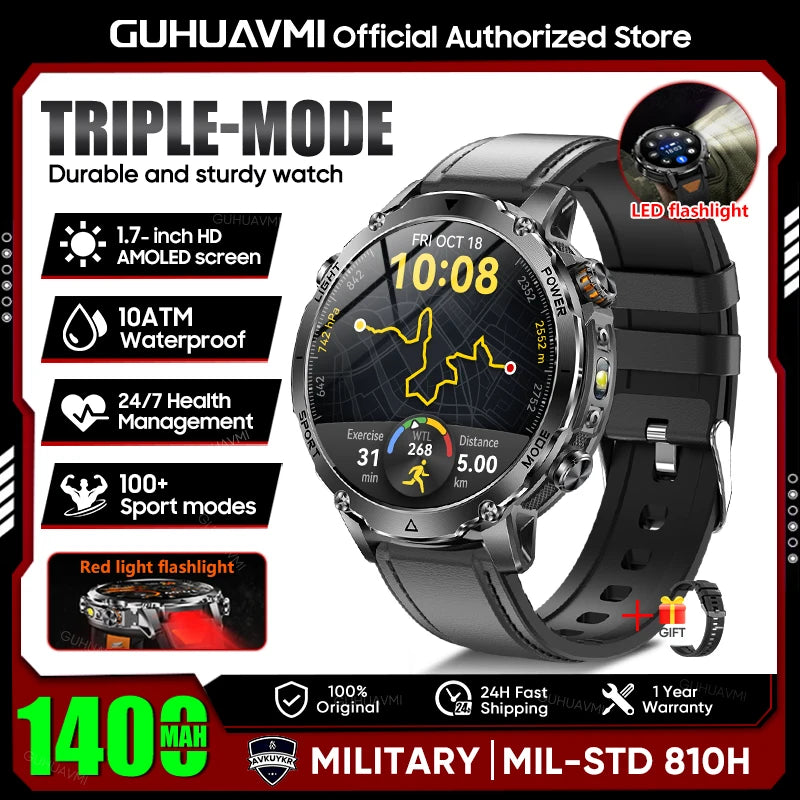 Military Smartwatch 1400mAh Battery Outdoor 10ATM Waterproof Men