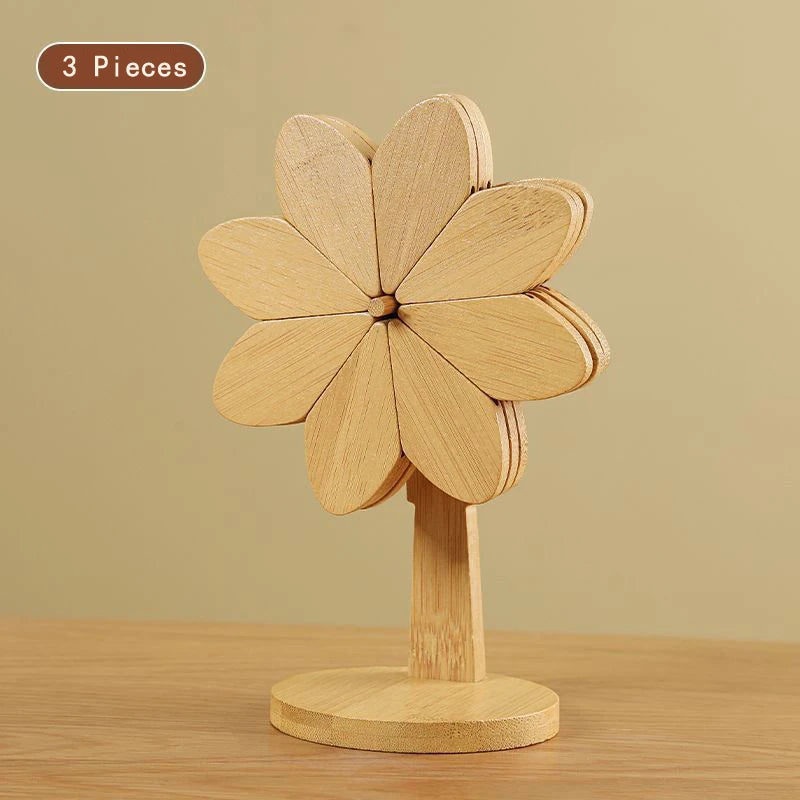 Flower Shaped Bamboo Trivet Set Foldable Heat Resistant Coasters