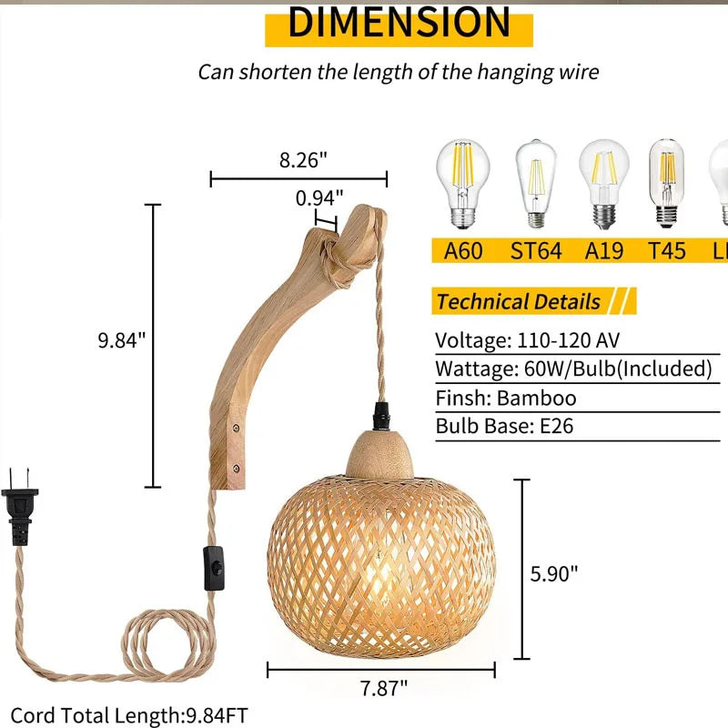 Handwoven Bamboo Lantern Wall Lamp Rattan E27 Fixture Decor