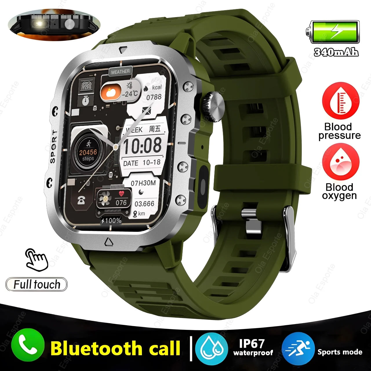 Military GPS Smartwatch – Huawei/Xiaomi Compatible with Flashlight & Compass