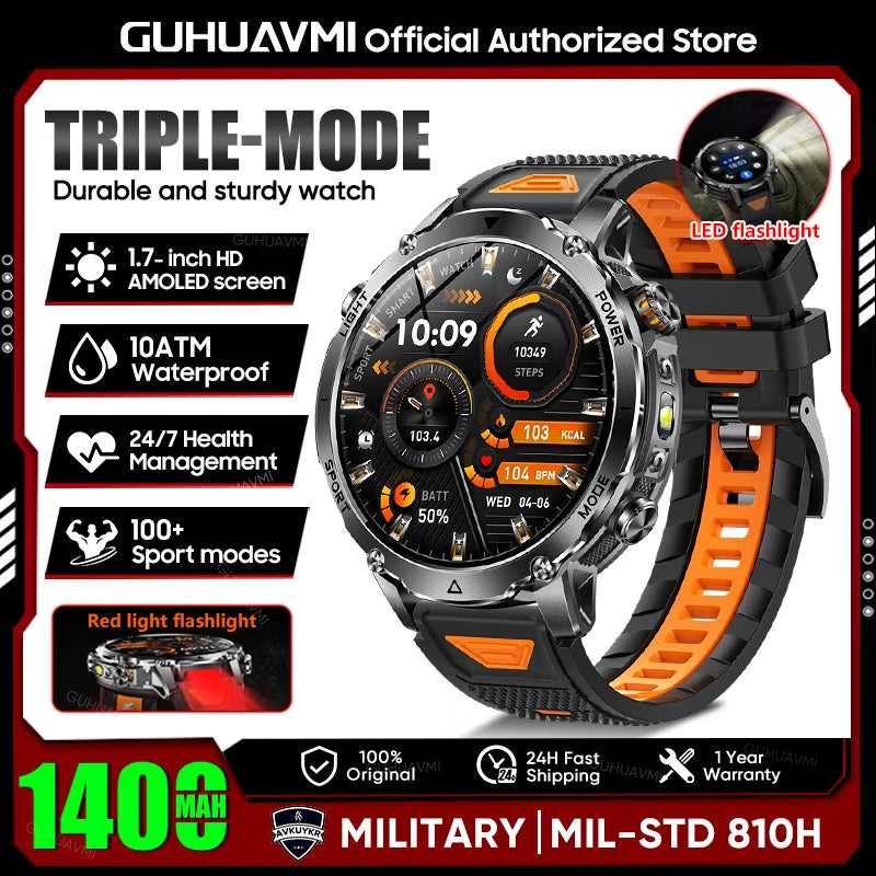 Military Smartwatch 1400mAh Battery Outdoor 10ATM Waterproof Men