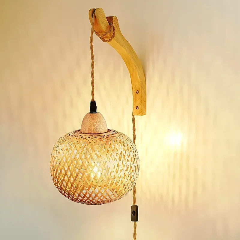 Handwoven Bamboo Lantern Wall Lamp Rattan E27 Fixture Decor