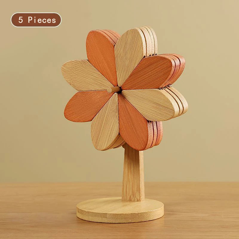 Flower Shaped Bamboo Trivet Set Foldable Heat Resistant Coasters